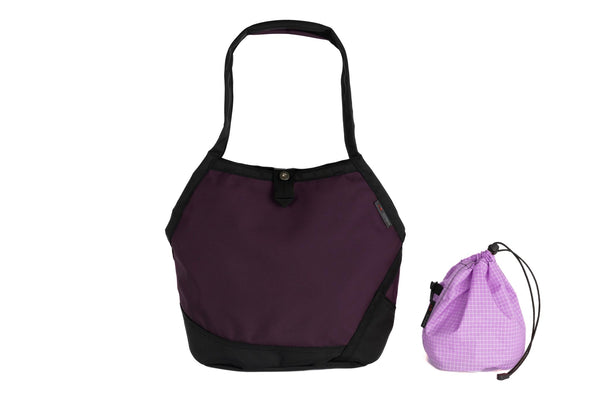 A Swift in Aubergine Ballistic with Wisteria (light purple with white grid) 200 Halcyon interior and Yarn Stuff Sack.